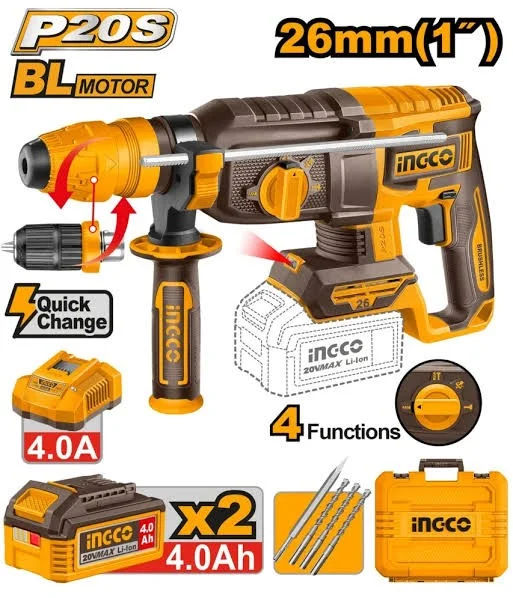 Аккумуляторный бесщеточный перфоратор SDS-Plus INGCO CRHLI202689 INDUSTRIAL 20 В 2,5 Дж 2x4 Ач