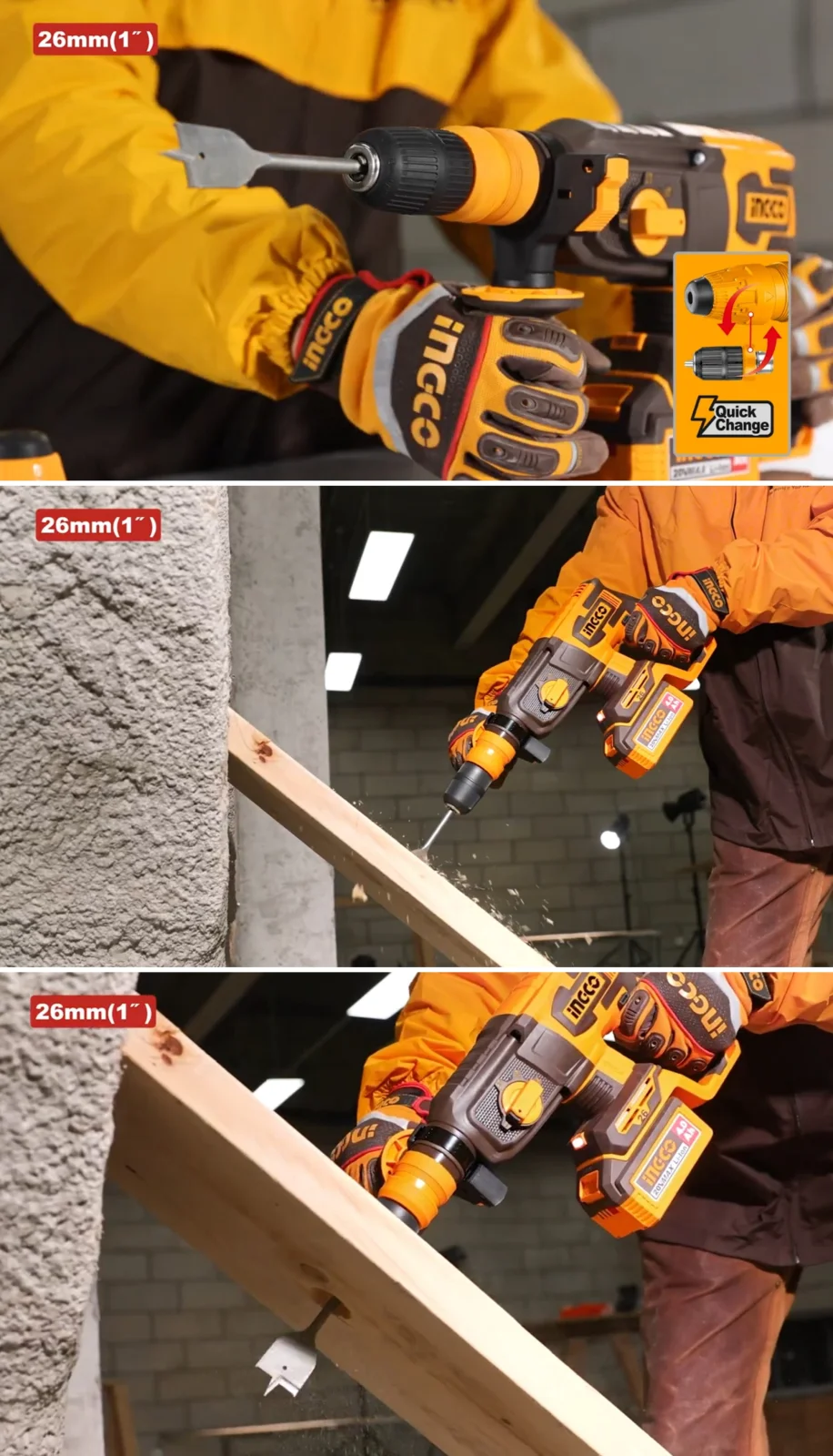 Аккумуляторный бесщеточный перфоратор SDS-Plus INGCO CRHLI202689 INDUSTRIAL 20 В 2,5 Дж 2x4 Ач — фото 4