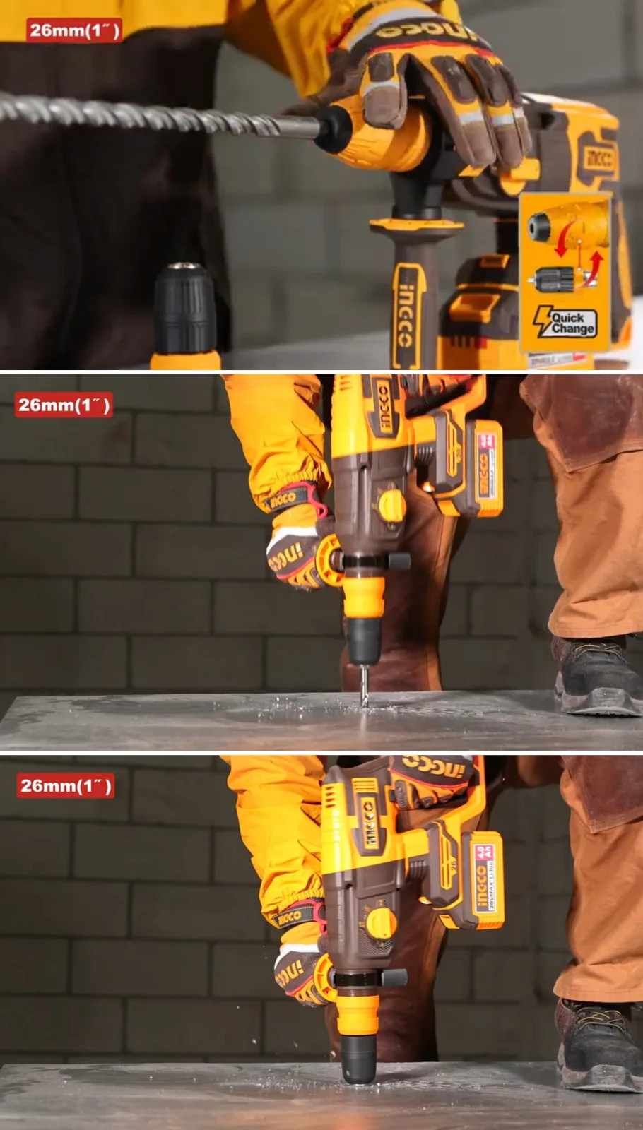 Аккумуляторный бесщеточный перфоратор SDS-Plus INGCO CRHLI202689 INDUSTRIAL 20 В 2,5 Дж 2x4 Ач — фото 6