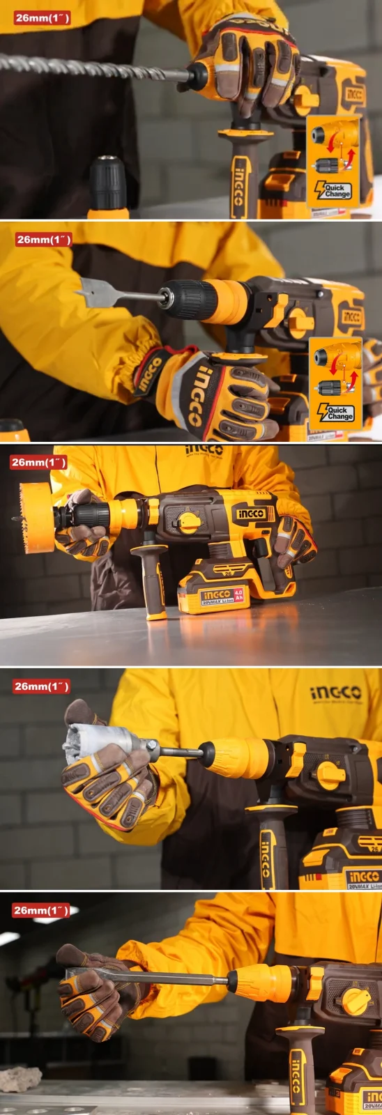 Аккумуляторный бесщеточный перфоратор SDS-Plus INGCO CRHLI202689 INDUSTRIAL 20 В 2,5 Дж 2x4 Ач — фото 10