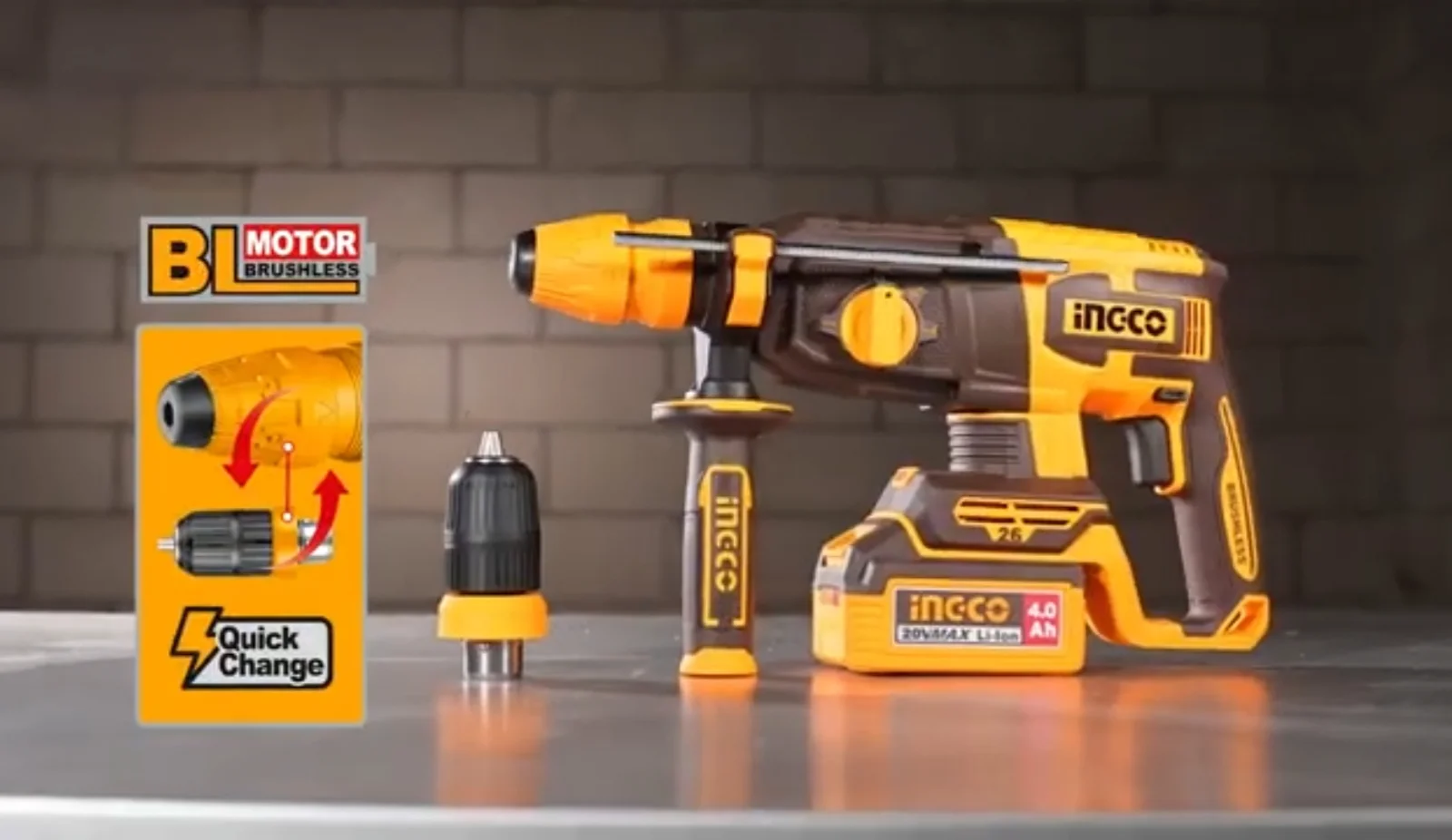 Аккумуляторный бесщеточный перфоратор SDS-Plus INGCO CRHLI202689 INDUSTRIAL 20 В 2,5 Дж 2x4 Ач — фото 11