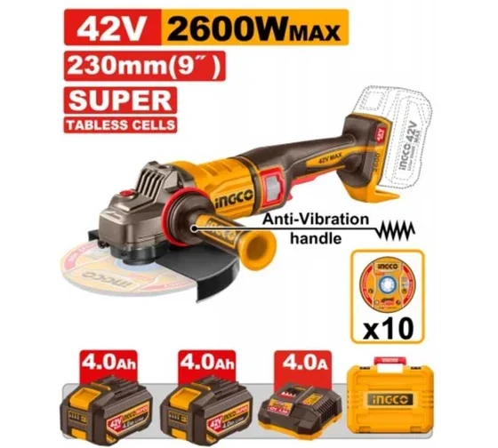 Аккумуляторная угловая шлифовальная машина (УШМ) INGCO CAGLI4260182 INDUSTRIAL 42 В 230 мм 2х4 Ач — фото 1