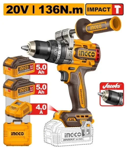 Аккумуляторный бесщёточный ударный шуруповерт INGCO CIDLI201368 INDUSTRIAL 20 В 136 Нм — фото 1