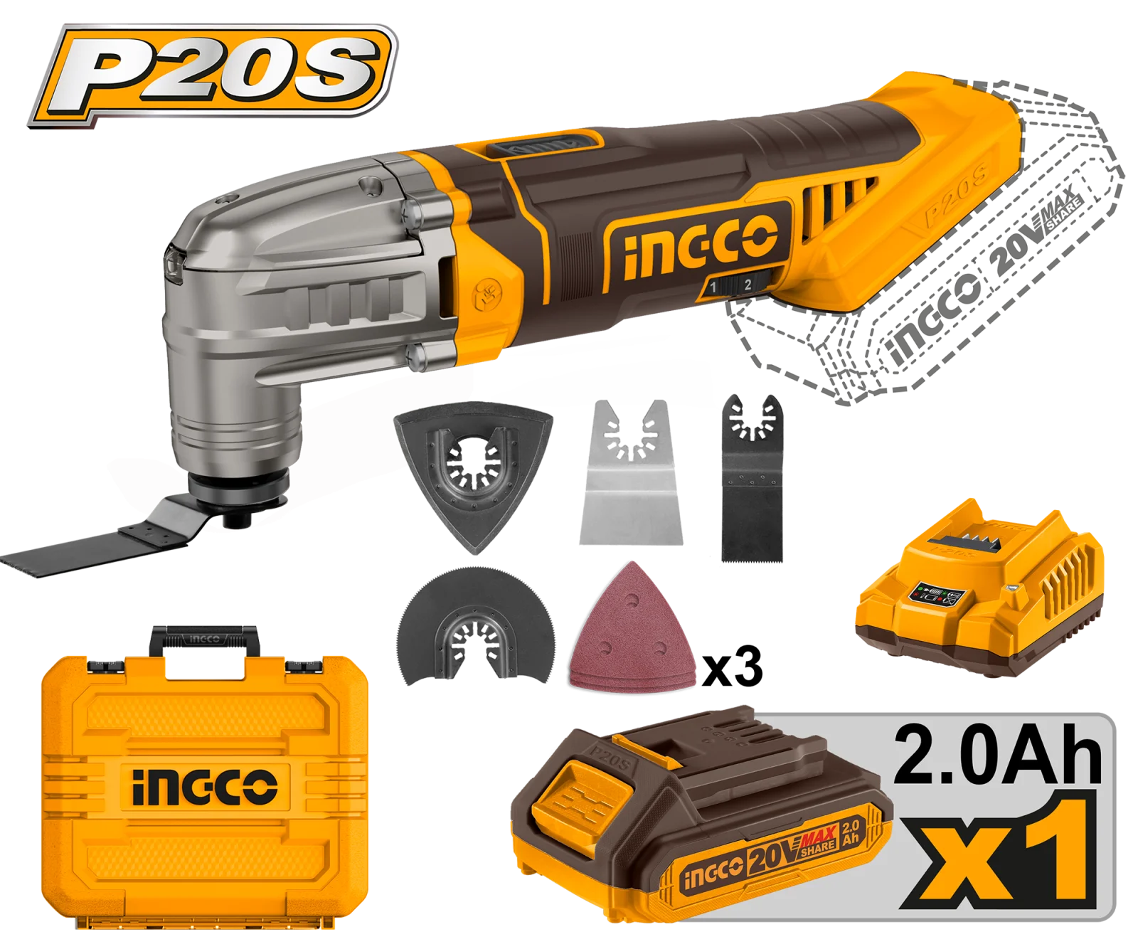 Реноватор/Многофункциональный аккумуляторный инструмент INGCO CMLI20228 INDUSTRIAL 20 В 1x2 Ач — фото 1