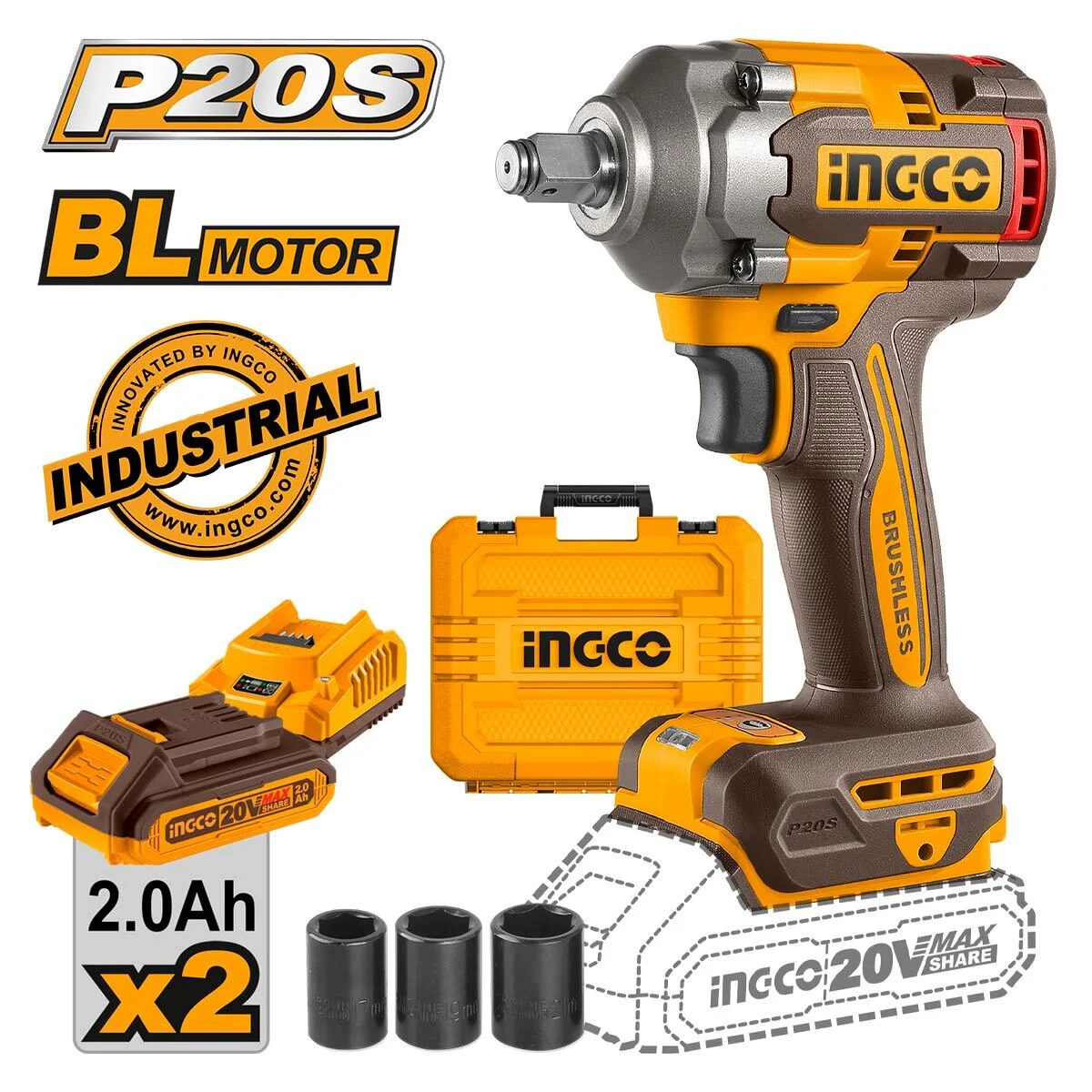 Аккумуляторный бесщеточный ударный гайковерт INGCO CIWLI2040 INDUSTRIAL 20 В 1/2