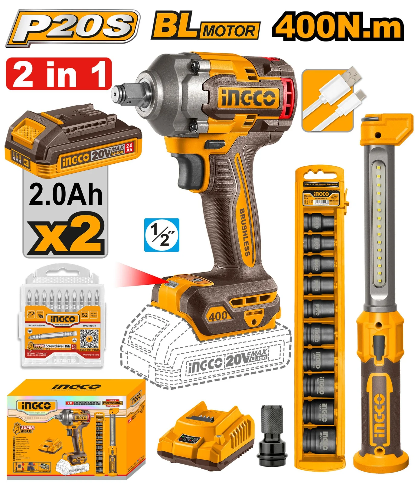Аккумуляторный бесщеточный ударный гайковерт INGCO COSLI23048 20 В 1/2