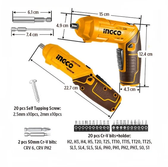 Аккумуляторная отвертка INGCO CSDLI04425 INDUSTRIAL 4 В 4 Нм 1/4