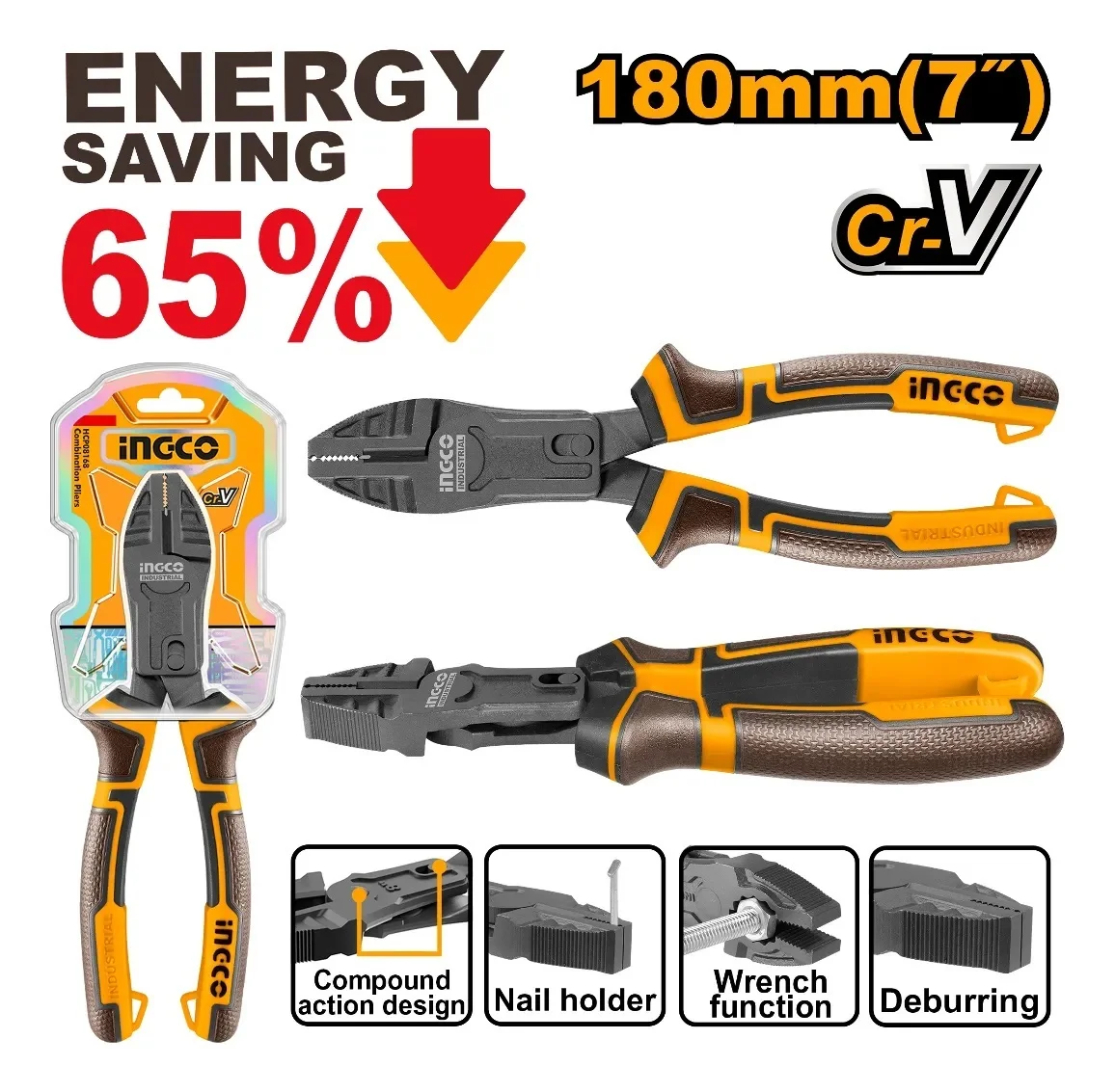 Плоскогубцы комбинированные INGCO HCCP58180 INDUSTRIAL 180 мм 65%