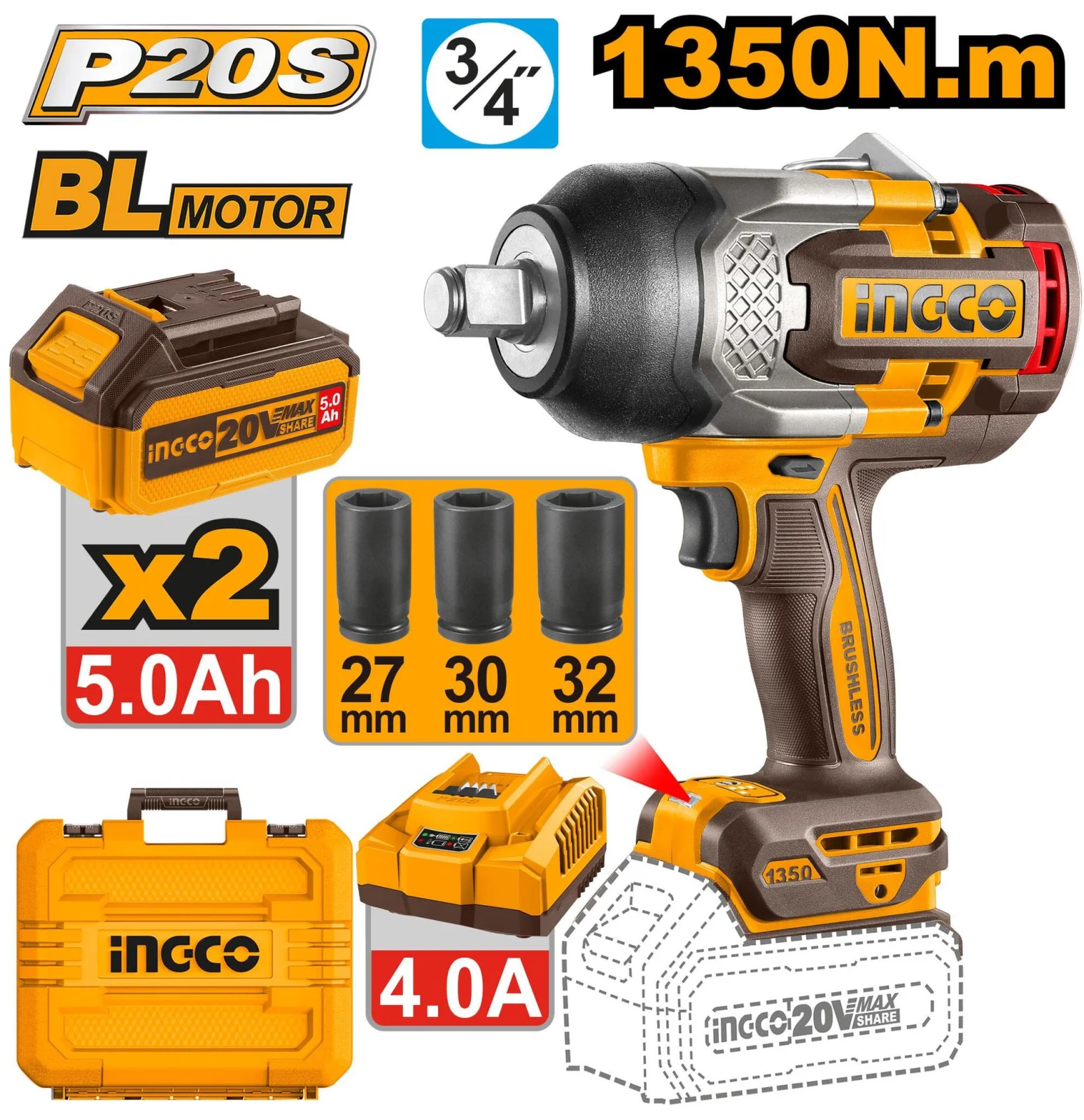 Аккумуляторный бесщеточный ударный гайковерт INGCO CIWLI20135 INDUSTRIAL 20 В 3/4