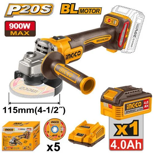 Аккумуляторная угловая шлифовальная машина (УШМ) INGCO CAGLI261521 INDUSTRIAL 20 В 115 мм 1х4 Ач