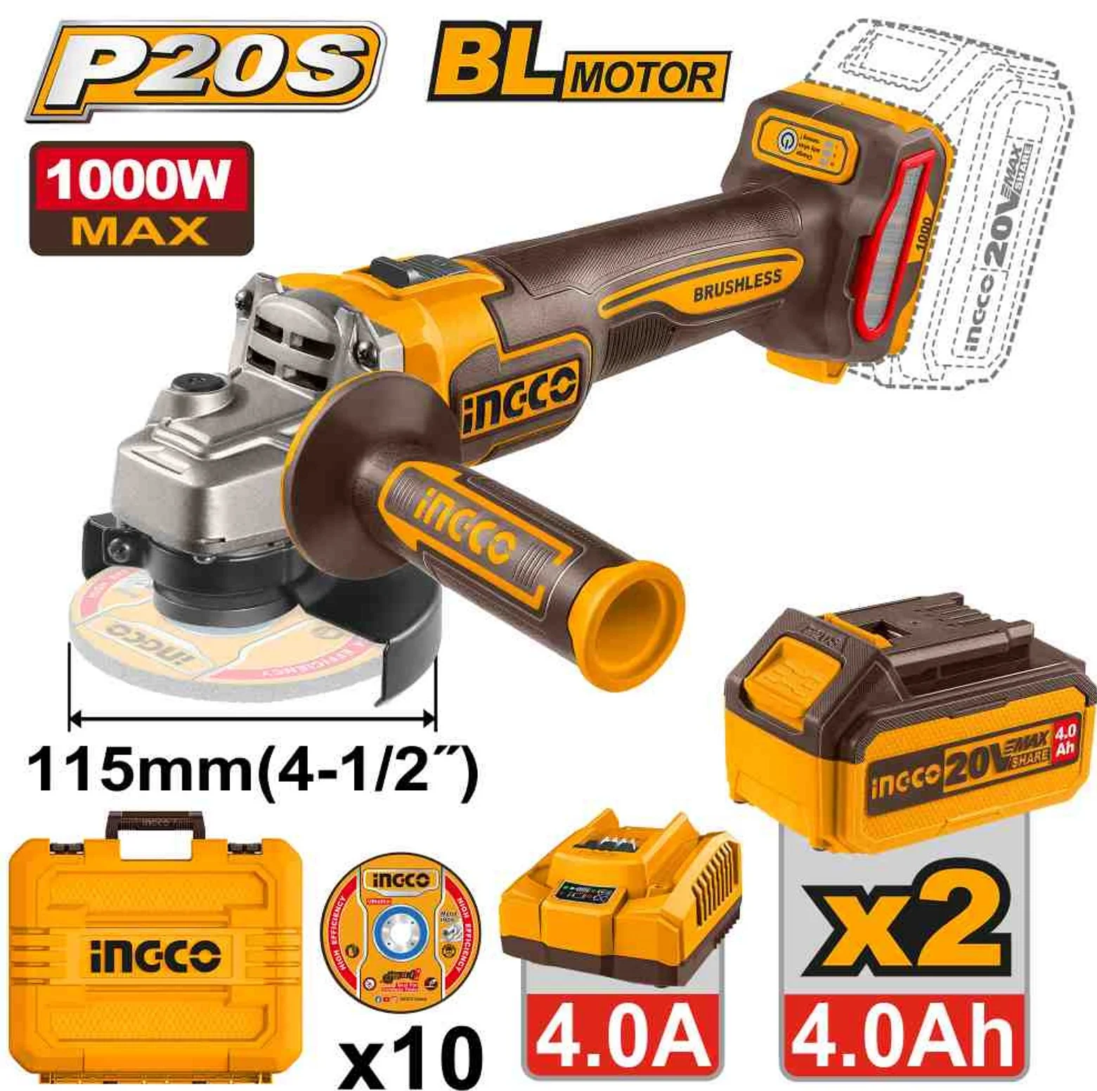 Аккумуляторная угловая шлифовальная машина (УШМ) INGCO CAGLI271532 INDUSTRIAL 20 В 115 мм 2x4 Ач