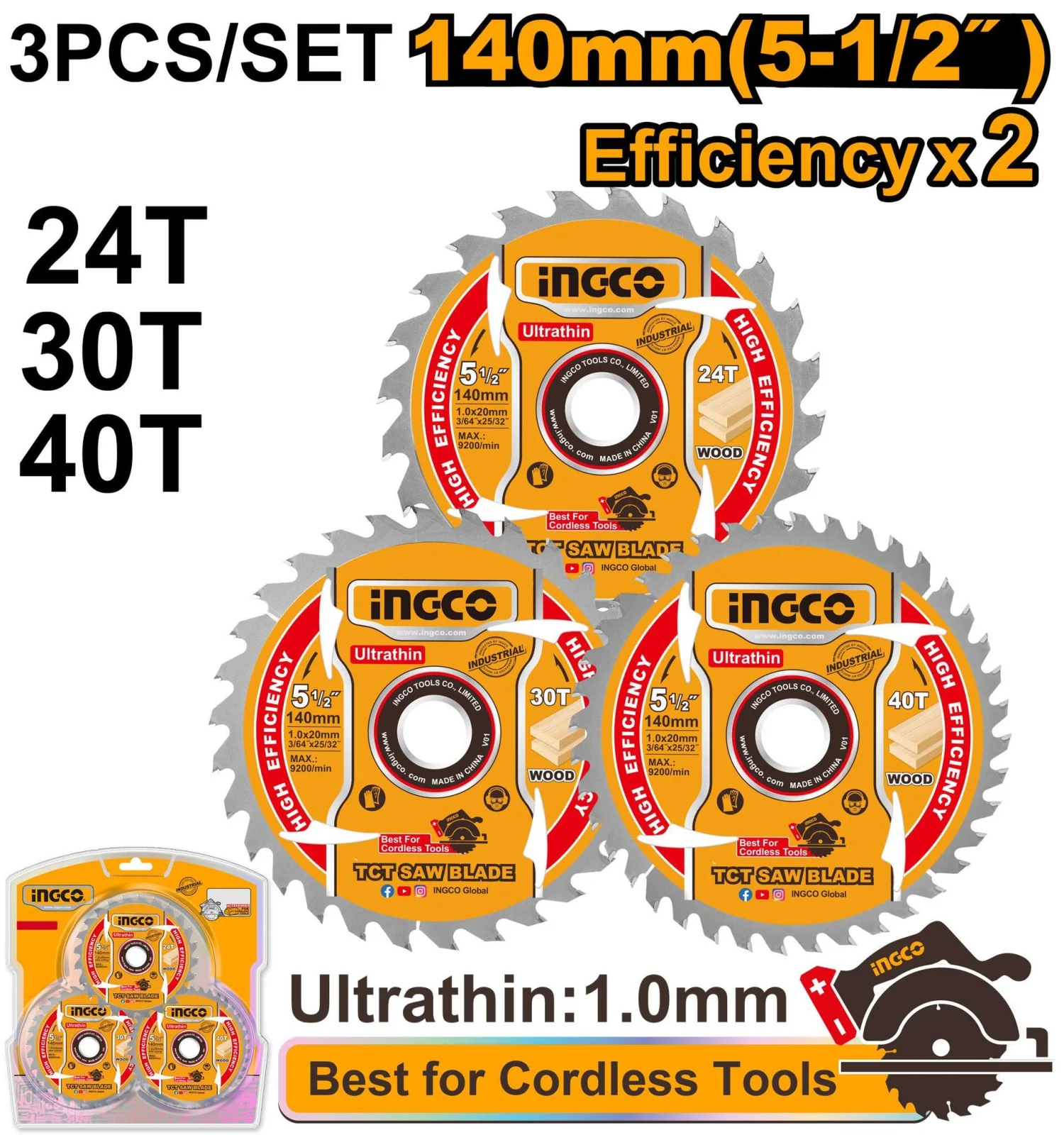 Диск пильный по дереву ультратонкий TCT INGCO TSB4003 INDUSTRIAL 140х20х1 мм 24Т, 40Т, 60Т 3 шт.