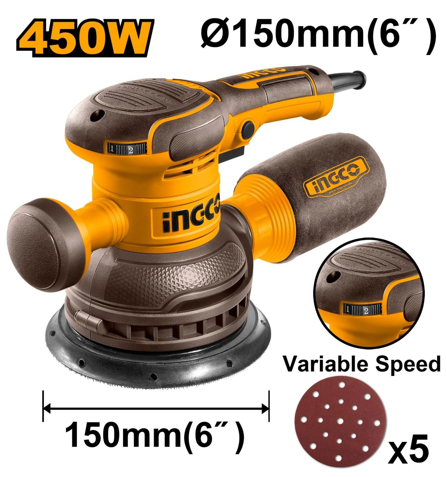 Шлифовальная машина эксцентриковая INGCO RS4516 INDUSTRIAL 450 Вт 150 мм