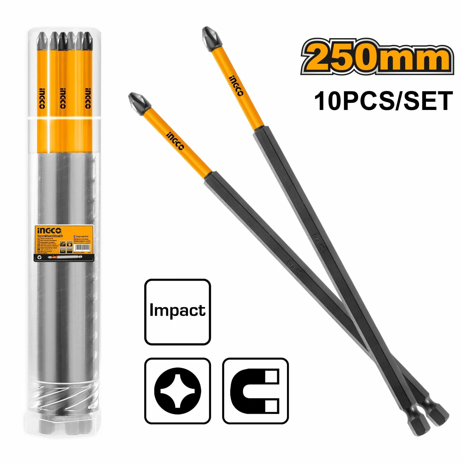 Набор ударных бит для шуруповерта IMPACT INGCO SDBIM11PH2103 INDUSTRIAL PH2x250 мм 10 шт. — фото 1