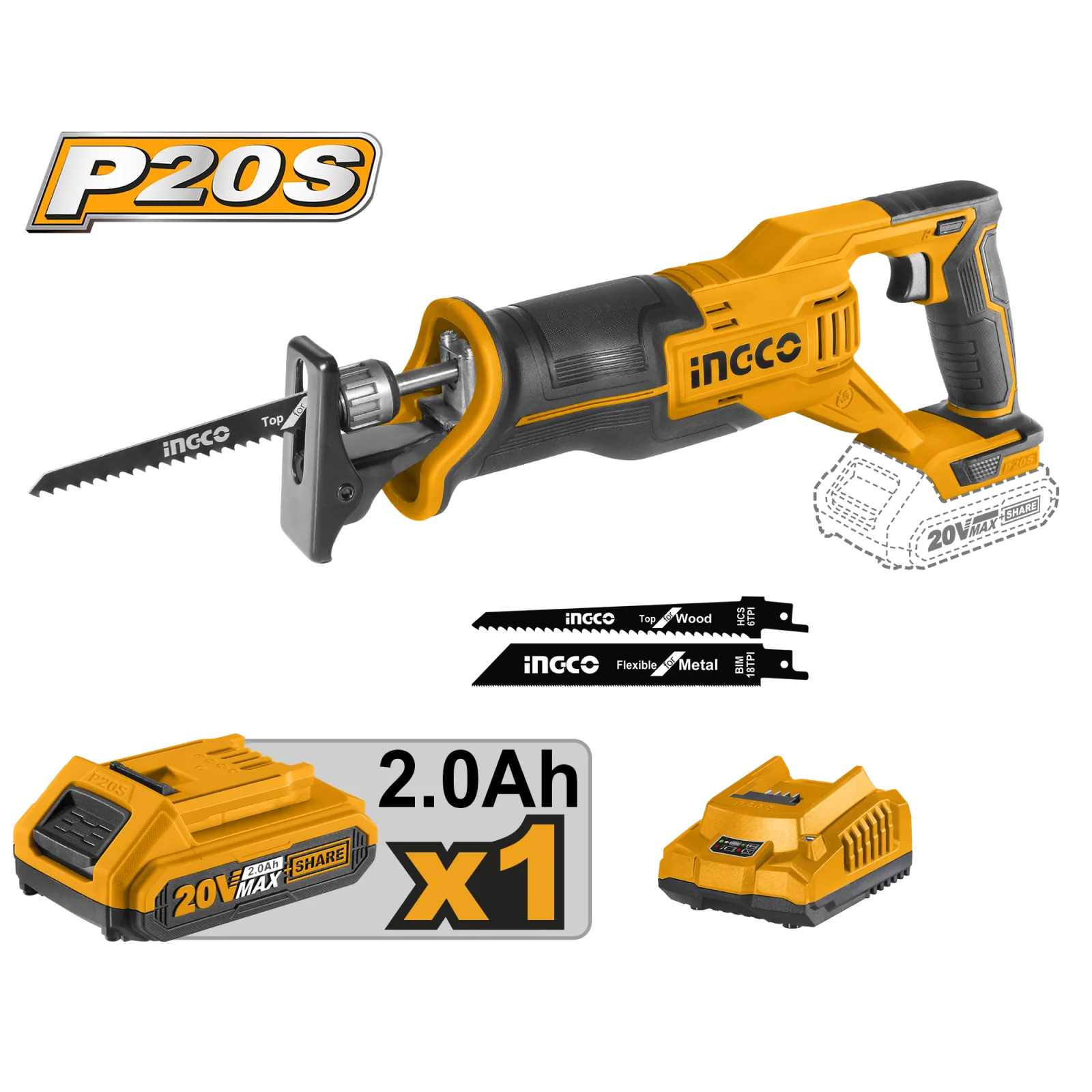 Пила сабельная аккумуляторная INGCO CRSLI11521 20 В 1x2 Ач