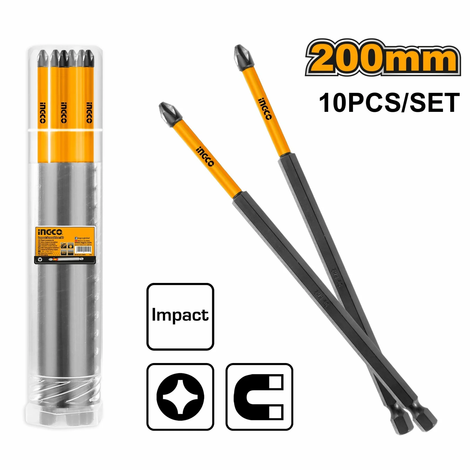 Набор ударных бит для шуруповерта IMPACT INGCO SDBIM11PH283 INDUSTRIAL РН2х200 мм 10 шт. — фото 1