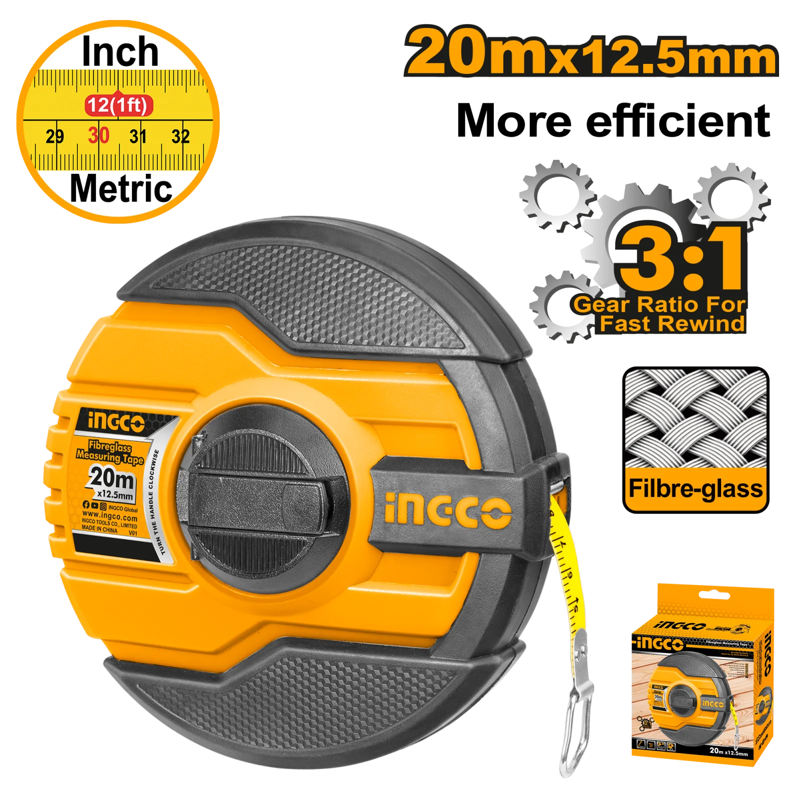 Мерная лента фиберглассовая INGCO HFMT8320 INDUSTRIAL 20 м