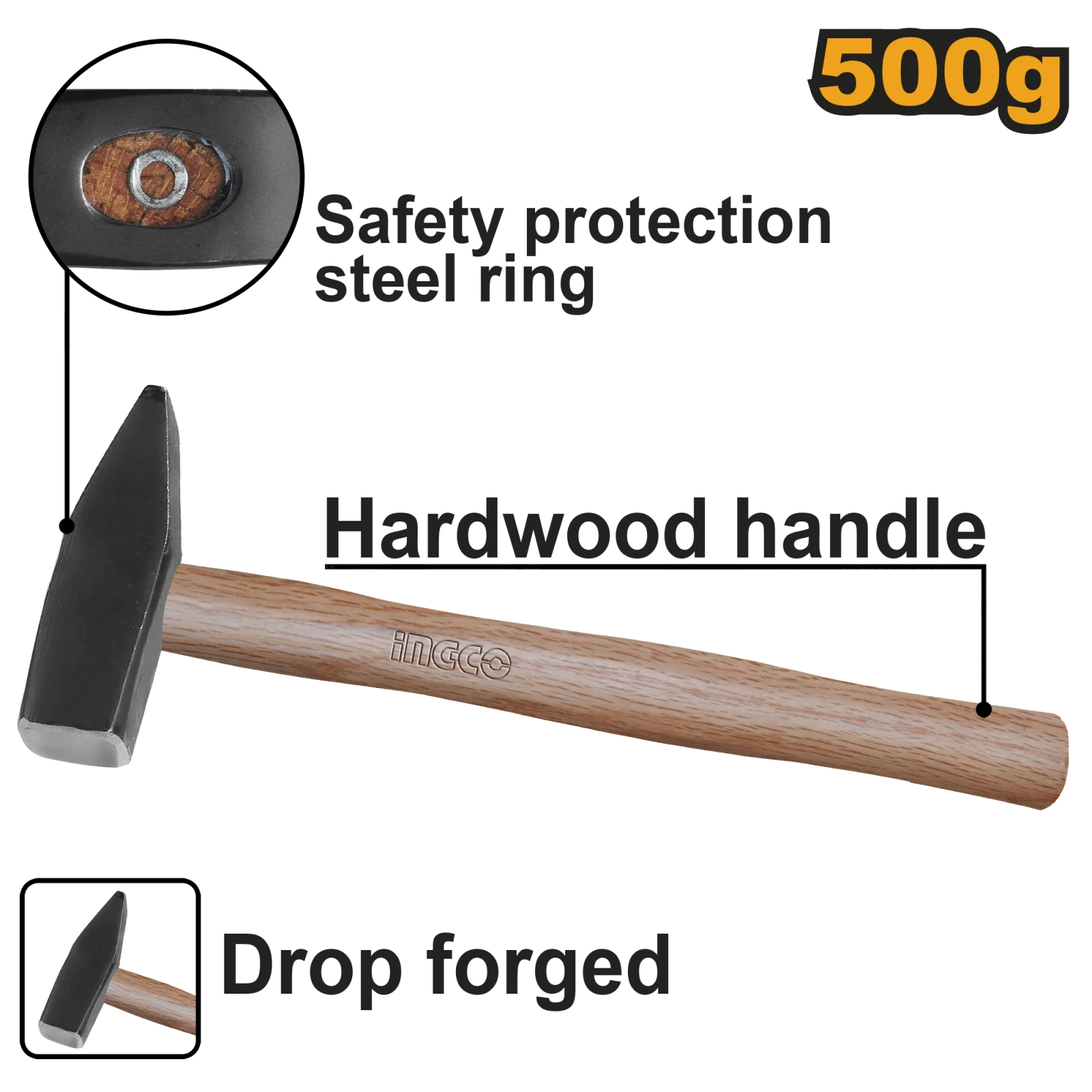 Молоток слесарный с деревянной рукояткой INGCO HMH040500 500 г