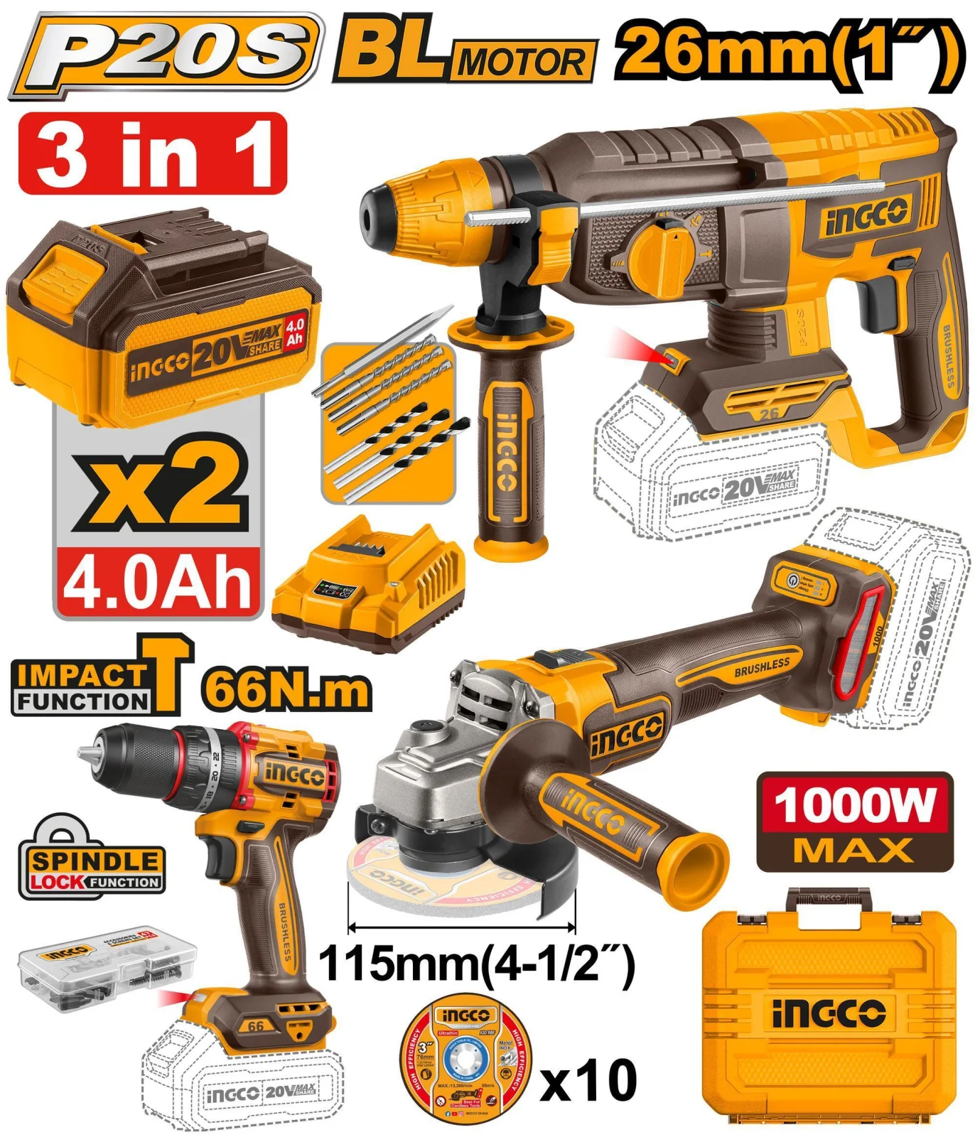 Набор аккумуляторного инструмента INGCO COSLI241198 INDUSTRIAL 20 В 3 шт. — фото 1