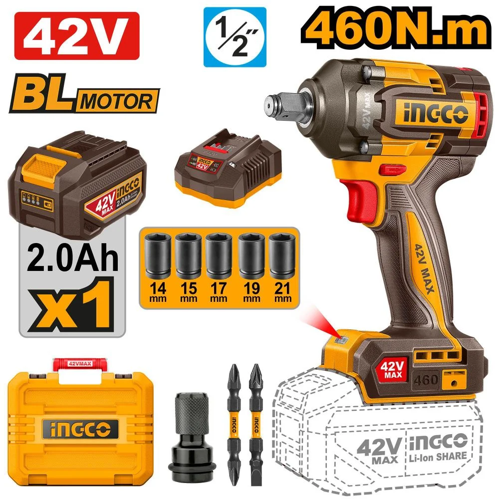 Аккумуляторный бесщёточный ударный гайковёрт INGCO CIWLI42461 INDUSTRIAL 42 В 1/2