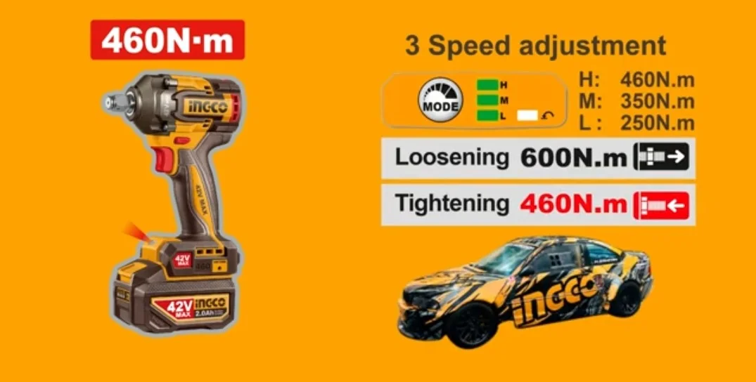 Аккумуляторный бесщёточный ударный гайковёрт INGCO CIWLI42461 INDUSTRIAL 42 В 1/2