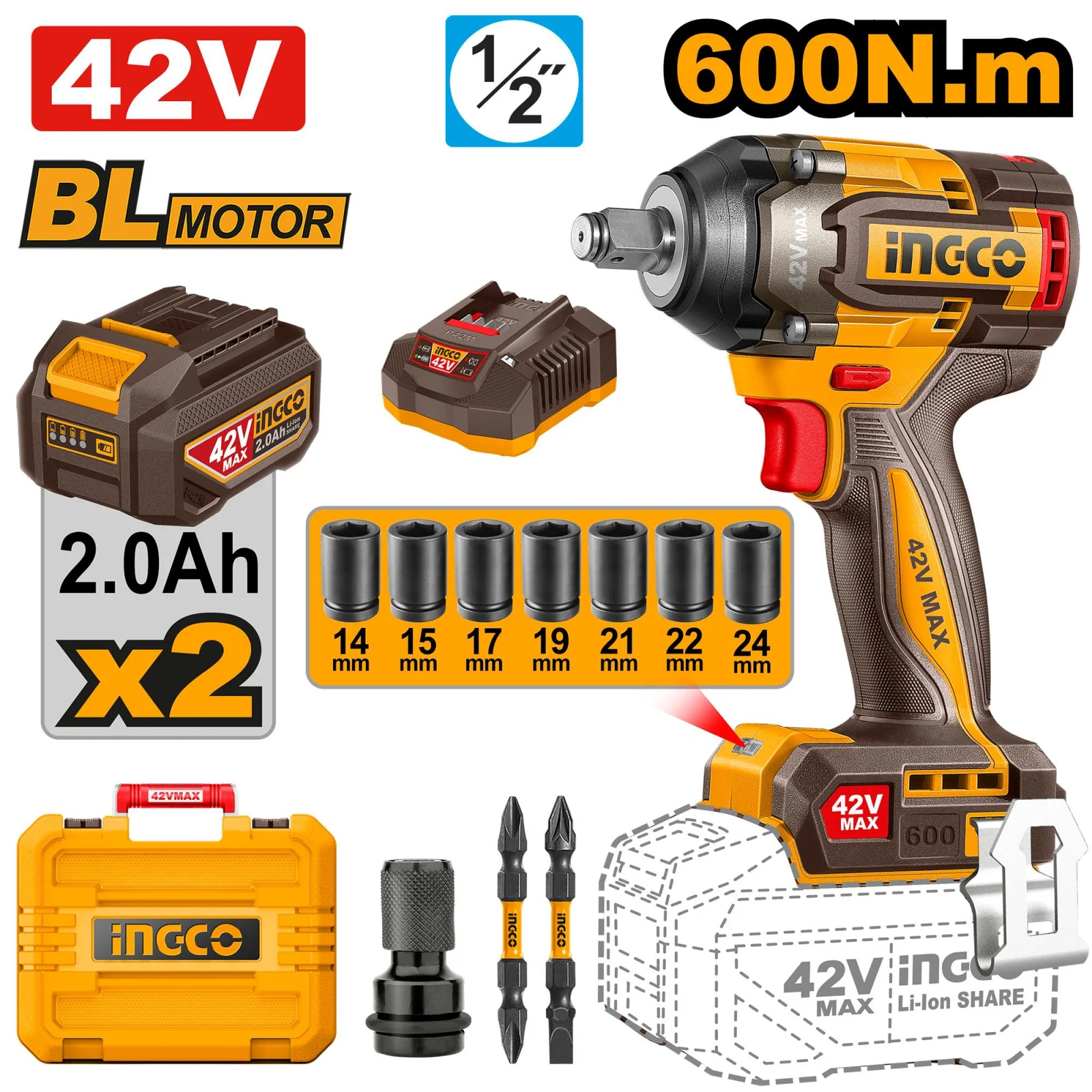 Аккумуляторный бесщеточный ударный гайковерт INGCO CIWLI42602 INDUSTRIAL 42 В 1/2