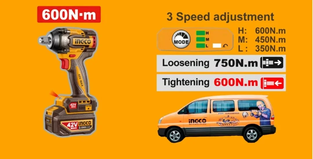 Аккумуляторный бесщеточный ударный гайковерт INGCO CIWLI42602 INDUSTRIAL 42 В 1/2