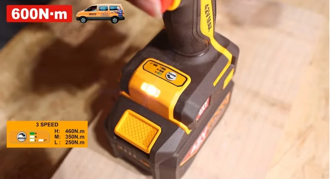 Аккумуляторный бесщеточный ударный гайковерт INGCO CIWLI42602 INDUSTRIAL 42 В 1/2