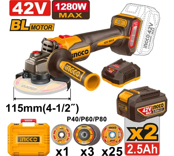 Аккумуляторная угловая шлифовальная машина (УШМ) INGCO CAGLI4128112 INDUSTRIAL 42 В 115 мм 2х2,5 Ач