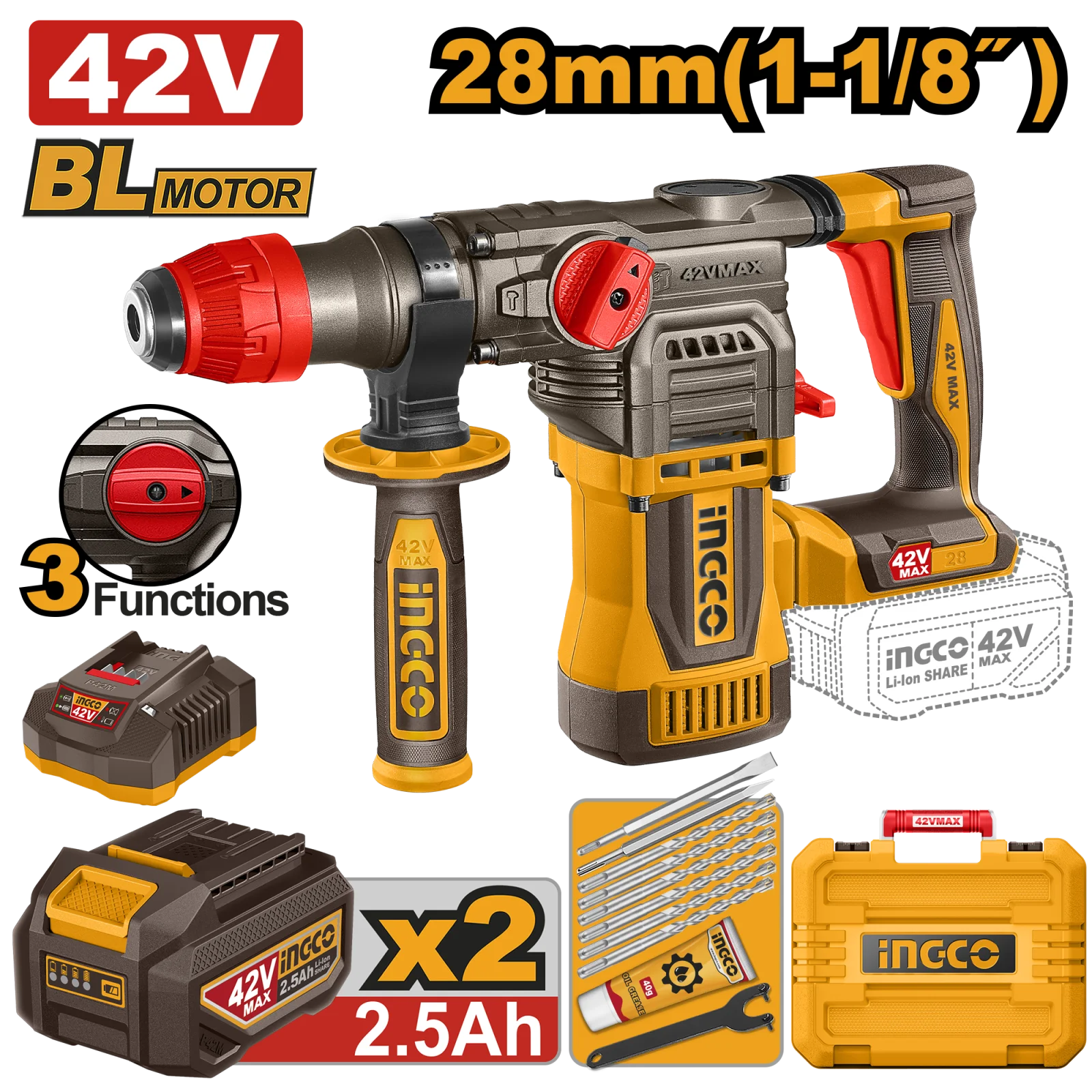 Аккумуляторный бесщеточный перфоратор SDS-Plus INGCO CRHLI422882 INDUSTRIAL 42 В 4.5 Дж