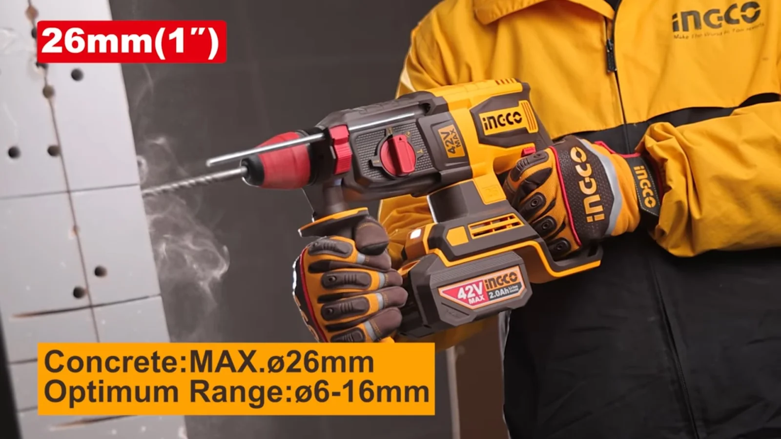 Аккумуляторный бесщеточный перфоратор SDS-Plus INGCO CRHLI422682 INDUSTRIAL 42 В 2,5 Дж 2х2Ач — фото 6