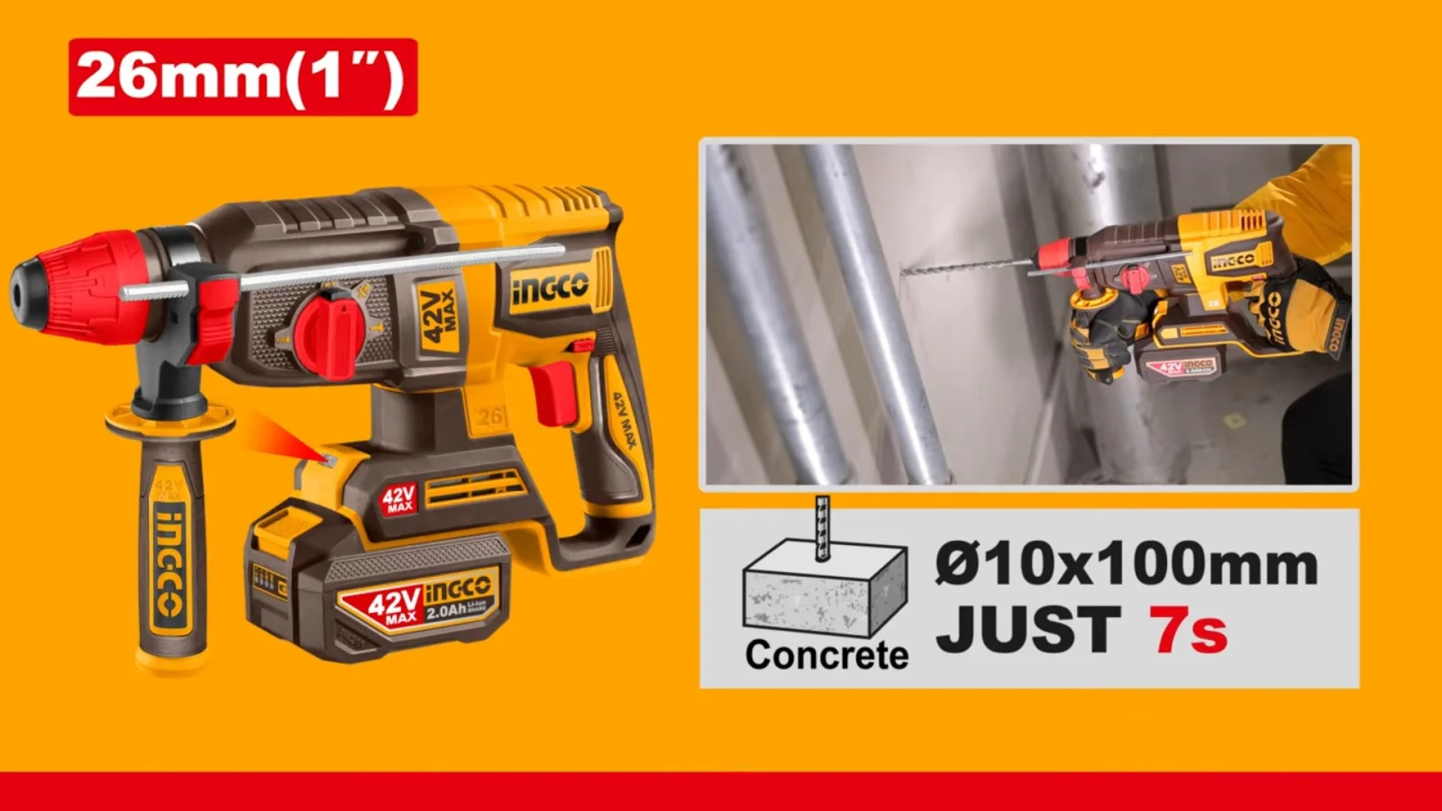 Аккумуляторный бесщеточный перфоратор SDS-Plus INGCO CRHLI422682 INDUSTRIAL 42 В 2,5 Дж 2х2Ач — фото 7