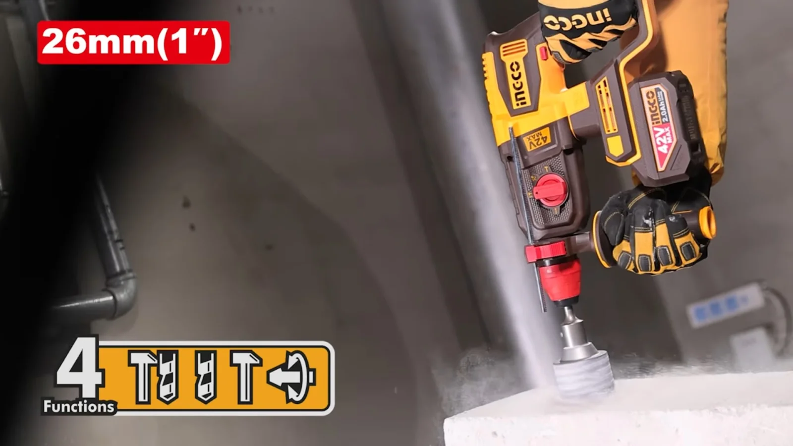 Аккумуляторный бесщеточный перфоратор SDS-Plus INGCO CRHLI422682 INDUSTRIAL 42 В 2,5 Дж 2х2Ач — фото 12