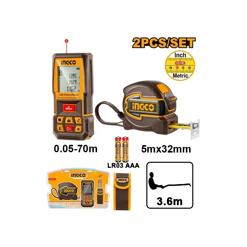 Лазерный дальномер 70 м и рулетка 5м х 32 мм INGCO HLDD241201 INDUSTRIAL