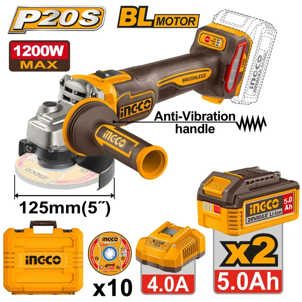 Аккумуляторная угловая шлифовальная машина (УШМ) INGCO CAGLI2120272 INDUSTRIAL 20 В 125 мм 2x5 Ач
