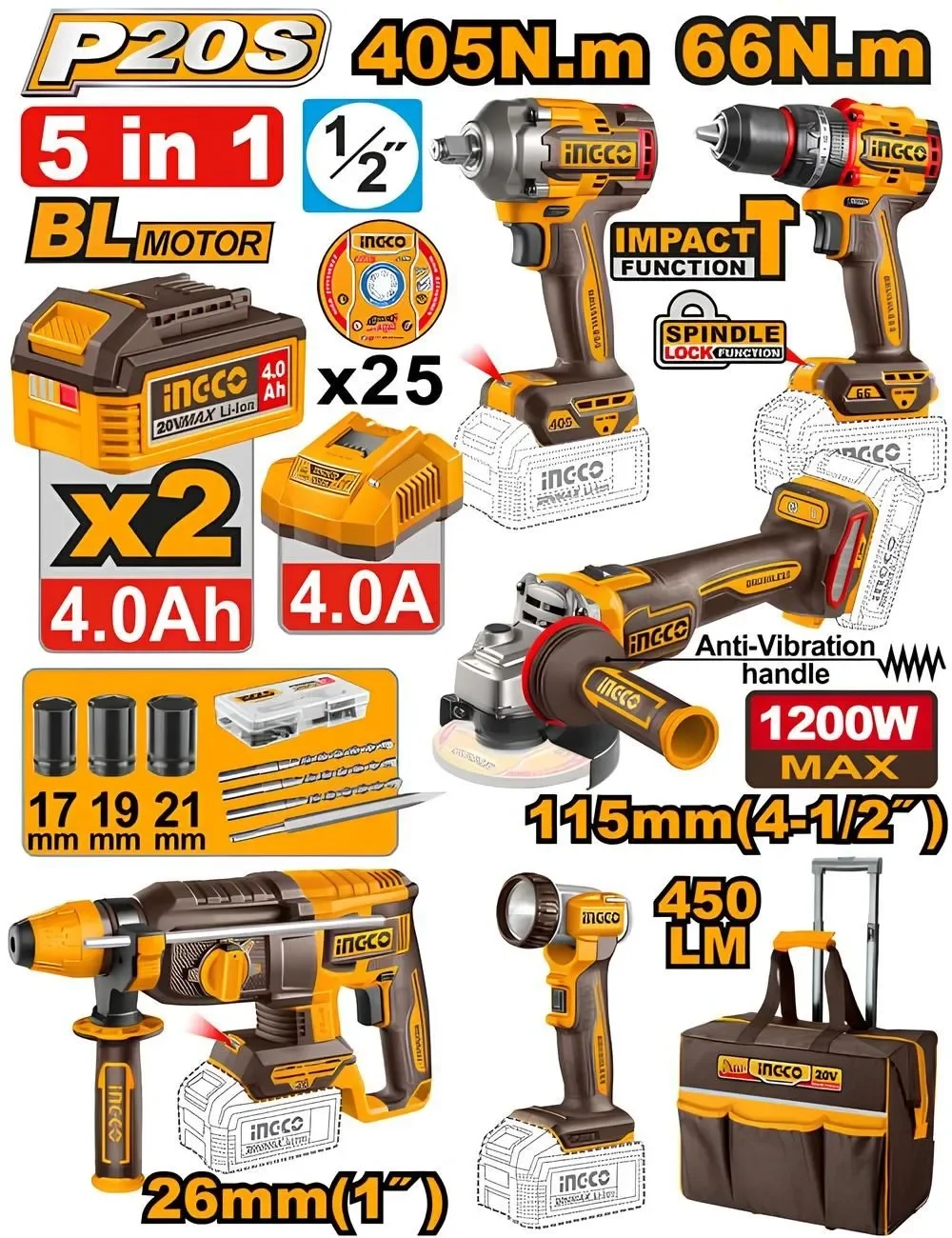 Набор аккумуляторного инструмента INGCO CKLI20595 INDUSTRIAL 20 В 5 шт. — фото 1