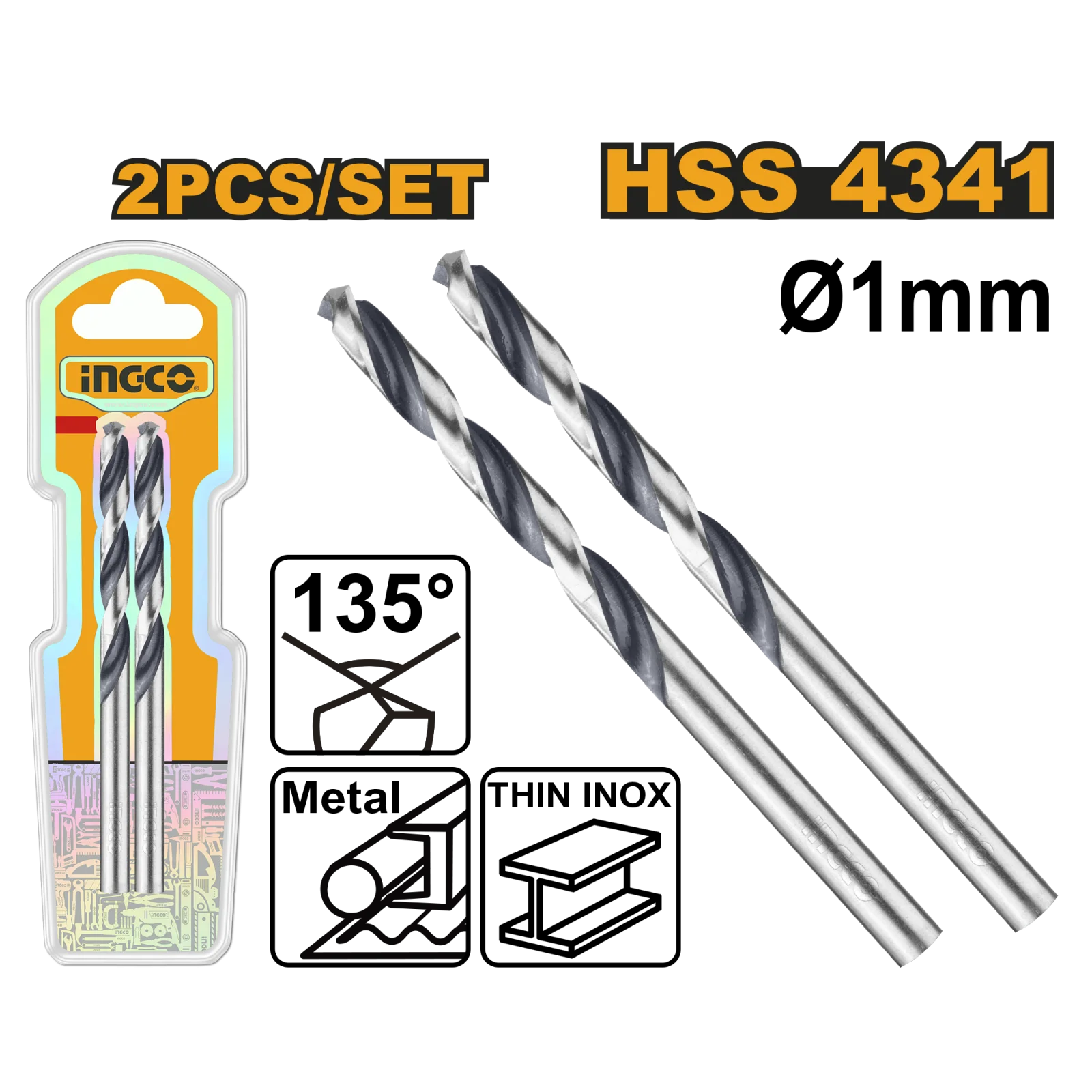 Сверло по металлу 1 мм INGCO DBT1200014 INDUSTRIAL HSS4341 2 шт.