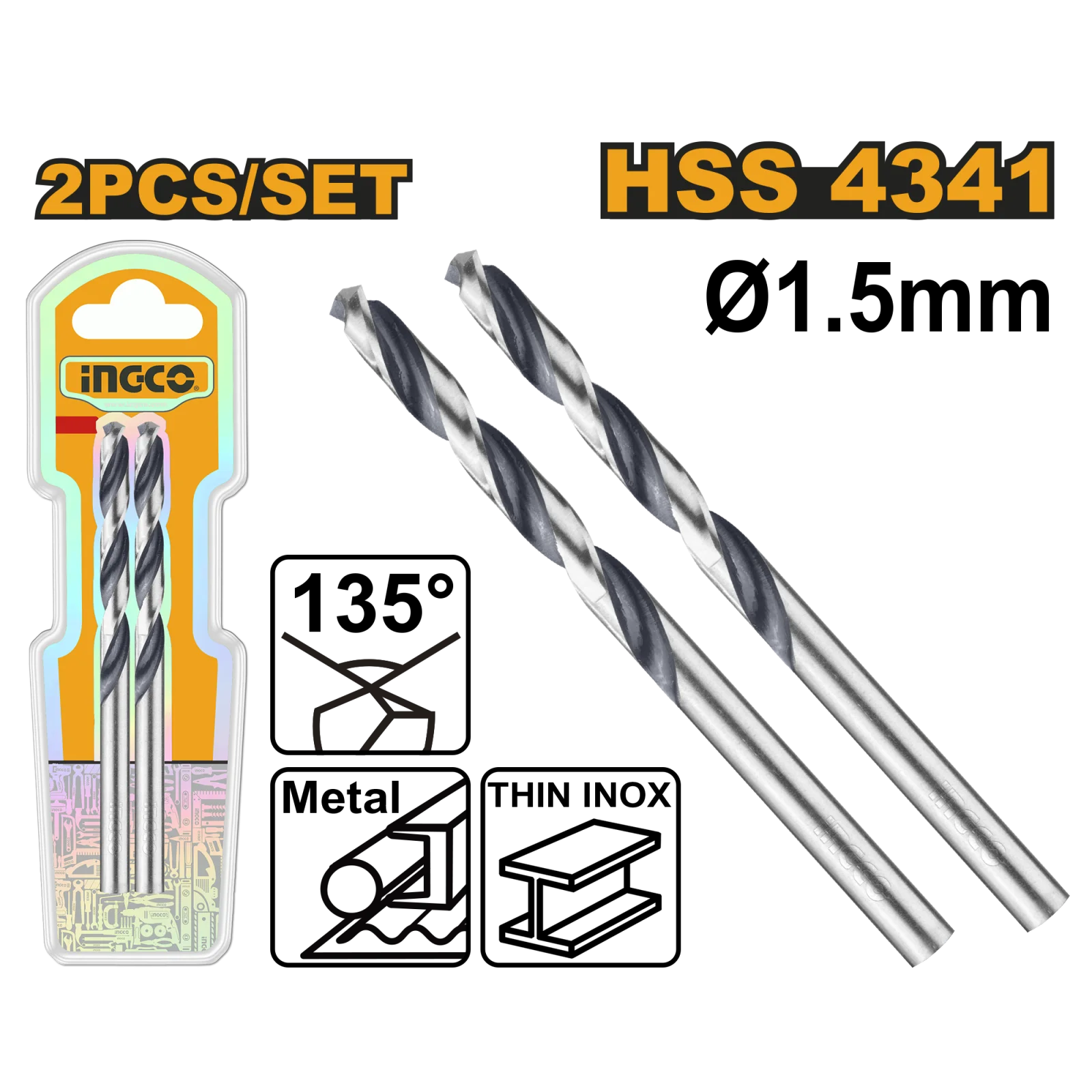 Сверло по металлу 1,5 мм INGCO DBT1200154 INDUSTRIAL HSS4341 2 шт.