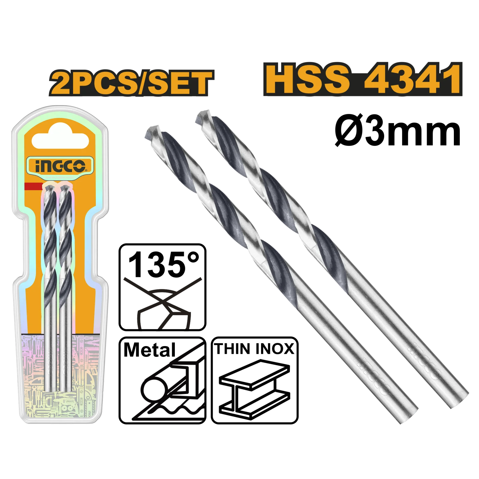 Сверло по металлу 3 мм INGCO DBT1200034 INDUSTRIAL HSS4341 2 шт.