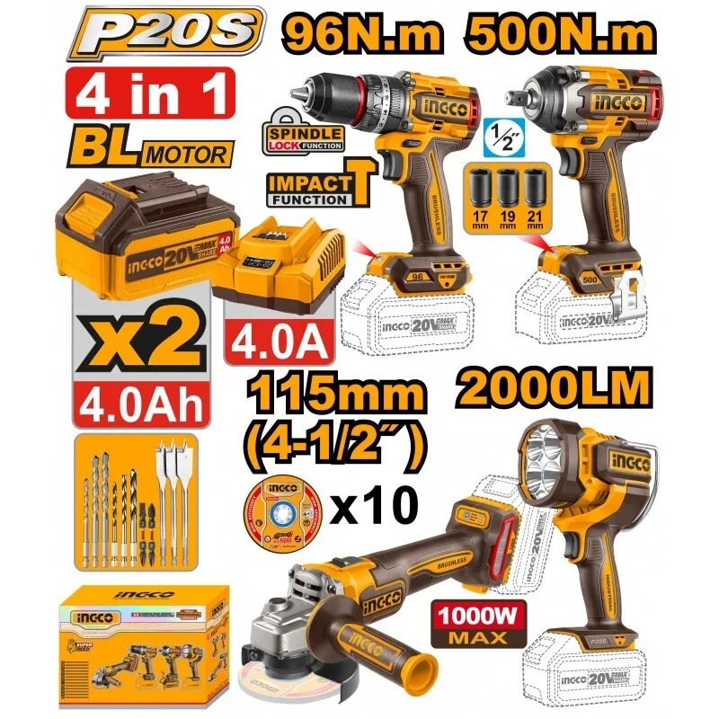 Набор аккумуляторного инструмента INGCO COSLI241292 INDUSTRIAL 20 В 4 шт.