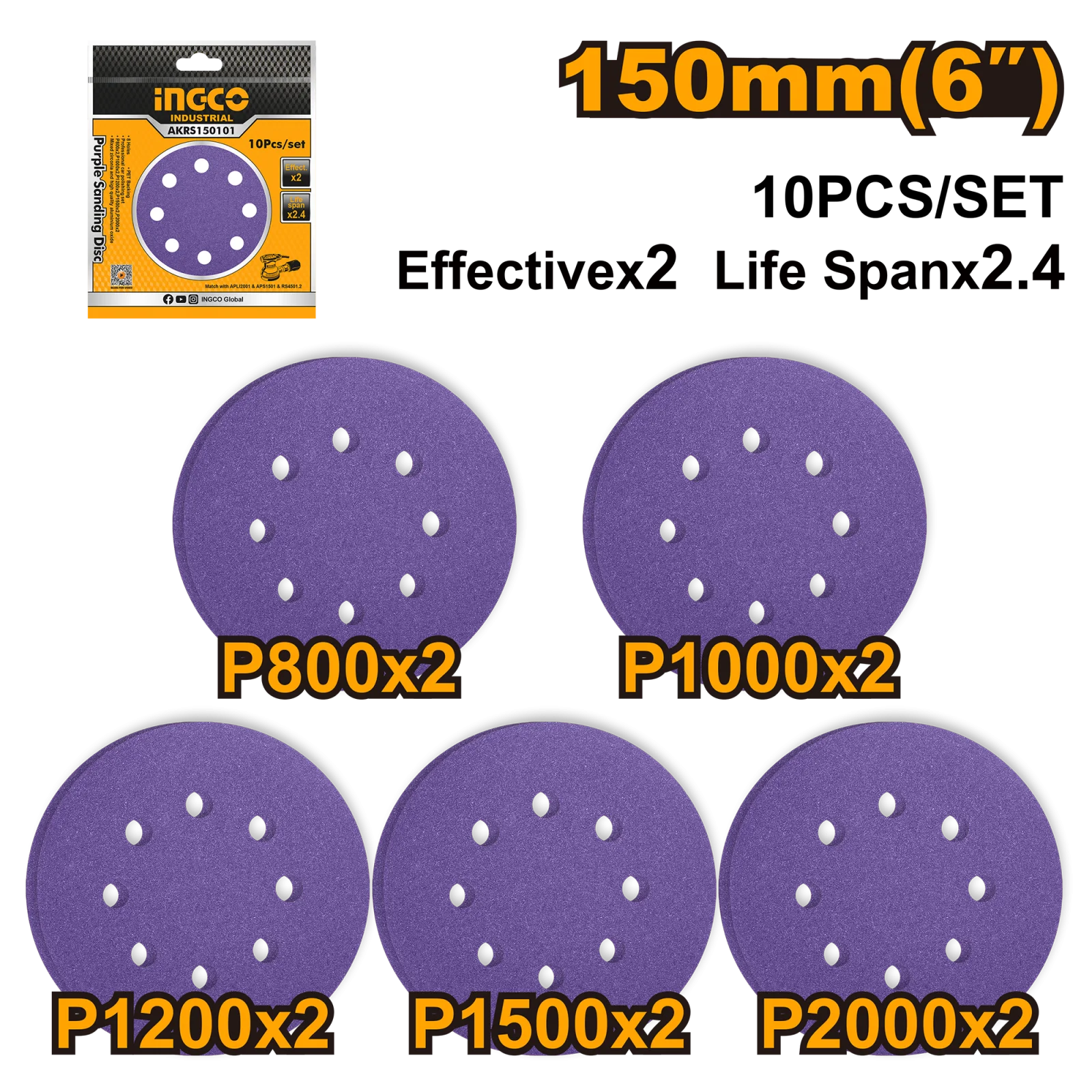 Набор шлифовальных кругов INGCO AKRS150101 INDUSTRIAL 150 мм 10 шт. Р800-2000 8 отв.