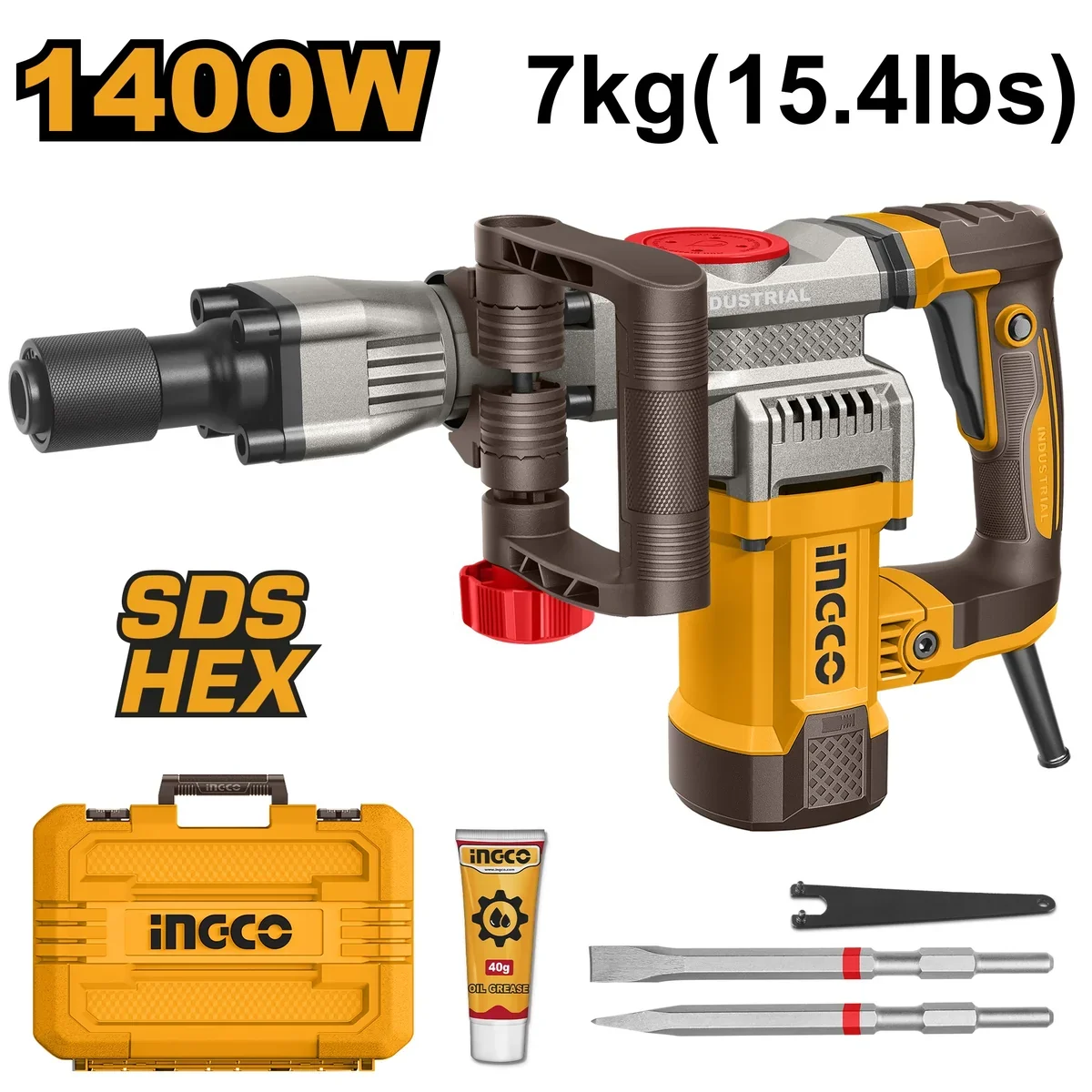 Отбойный молоток INGCO PDB14008 INDUSTRIAL 1400 Вт 20 Дж HEX